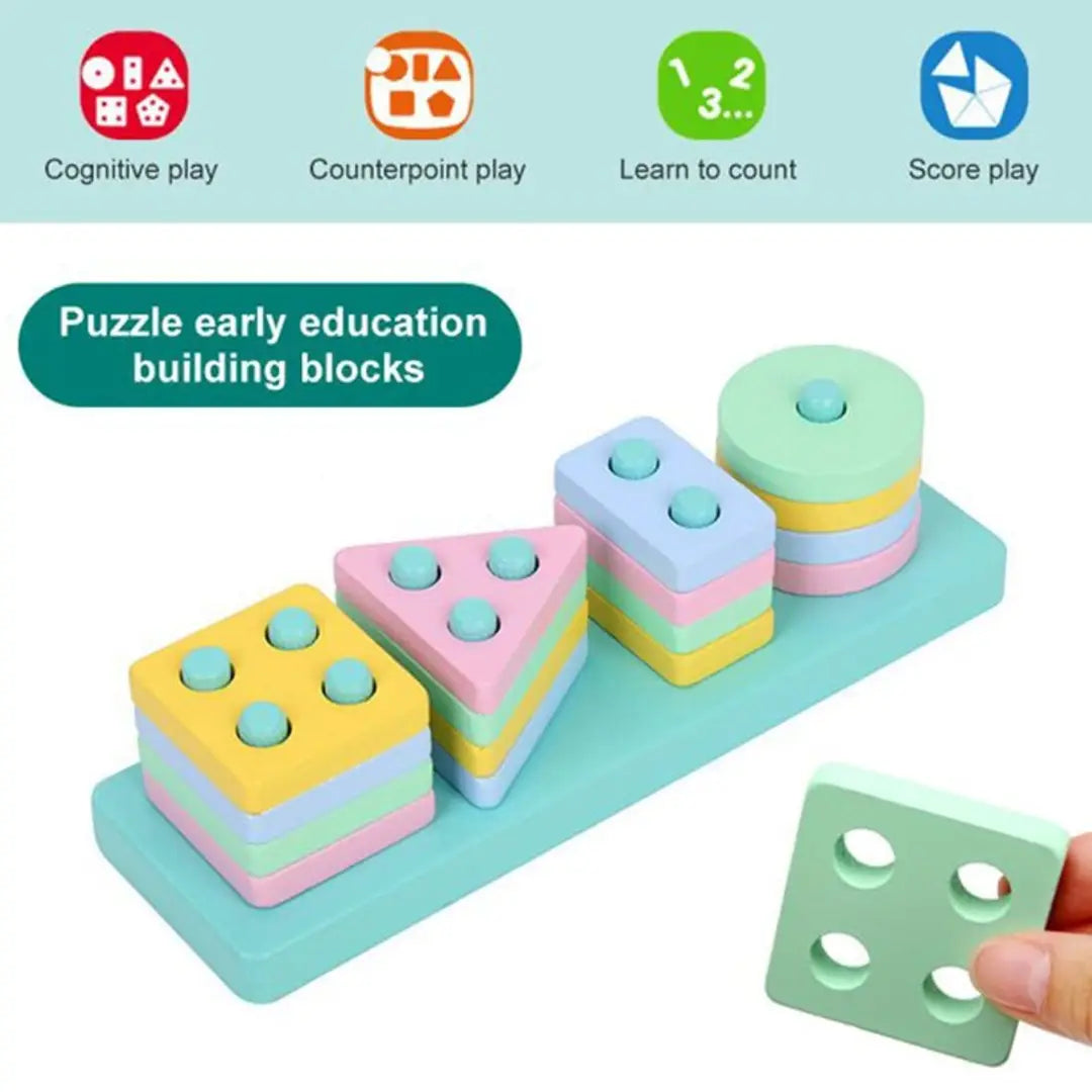 Voolex - Wooden Shapes Geometric Board Blocks Sorting and Stacking Toys for Kids - 4 Columns with 16 Pieces